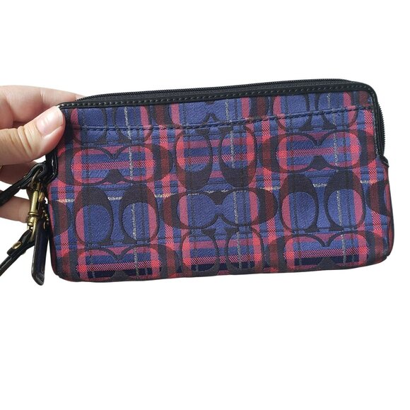 Vintage Coach Signature Poppy Blue Pink Tartan Plaid Logo Wristlet Wallet Y2K - Picture 2 of 10